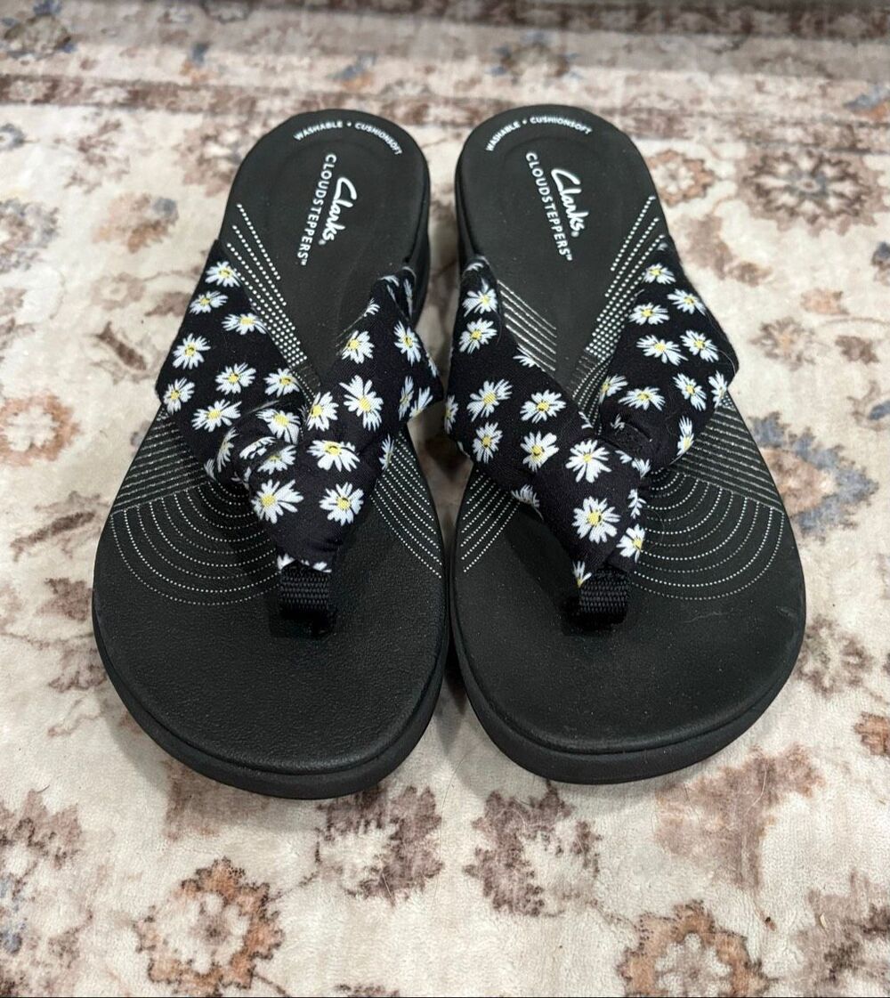 Clarks Womens Arla Glison Slip-On Platform Wedge Sandals Black White Size 9M